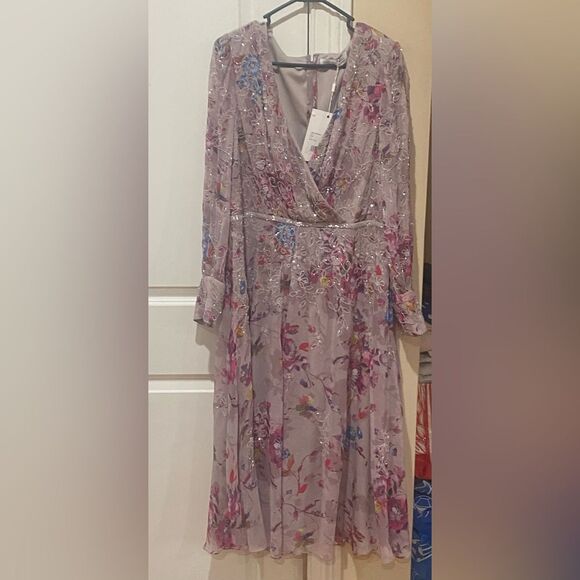 Mac Duggal Floral Embellished Long Sleeve Midi Dress Mauve G1689 - Picture 4 of 11